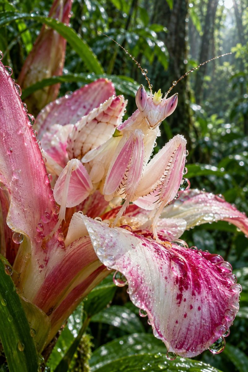 Insecte fleur nature macro faune jardin petale eau gouttelette gouttelettes pluie goutte gouttes plantes flore fleurs Une mante religieuse est perchée sur une grande fleur rose et blanche éclatante dont les pétales sont parsemés de gouttelettes d'eau. La mante a un corps blanc rosé avec des motifs complexes et de longues antennes élancées. Les pétales de la fleur sont légèrement recourbés et les pattes de la mante sont positionnées sur les pétales. L'arrière-plan est une forêt verdoyante avec de grands arbres et une atmosphère lumineuse et ensoleillée.