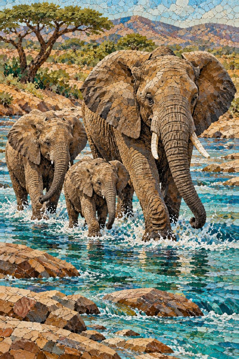 Elephant eau mosaique faune nature animal rocher pierre arbre riviere veau bebe tronc defense oreille oeuvre d'art en mosaïque représentant une famille d'éléphants dans un cadre naturel serein. Les éléphants sont minutieusement fabriqués à l'aide de petites pierres colorées, donnant à la scène une apparence texturée et vibrante. Le plus gros éléphant, probablement la matriarche, ouvre la voie avec sa trompe relevée, suivi de près par un éléphant plus petit, probablement son petit. Un autre jeune éléphant traîne derrière lui, tous trois se déplaçant gracieusement dans une rivière peu profonde. La rivière est représentée par des pierres bleues et vertes, créant un effet ondulé. L'arrière-plan présente un paysage avec un terrain rocheux, une végétation clairsemée et des montagnes lointaines, le tout dans un style mosaïque. La composition générale capture l'essence d'un environnement naturel paisible avec les éléphants comme point central.