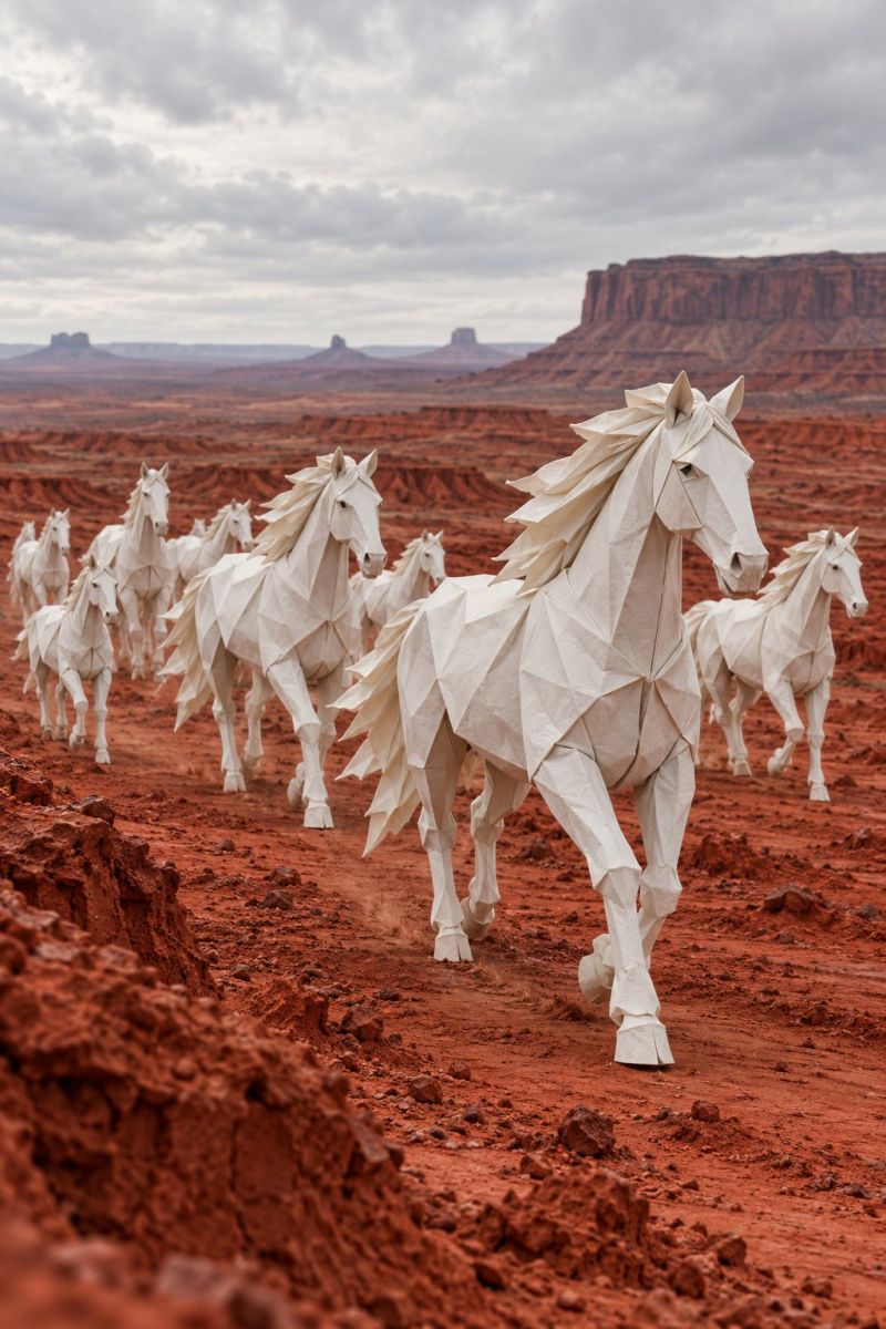 Horses paper sculpture desert wild running geometric modern outdoors nature clouds mountains red dust rocks texture shadow A group of white paper horses are running in a desert landscape. The horses are crafted with intricate folds and creases, giving them a realistic appearance. They are positioned in a line, with their heads and tails raised, suggesting a sense of motion and energy. The desert is vast and barren, with a few scattered rocks and a distant mountain range under a cloudy sky. The horses' shadows are cast on the ground, adding depth to the scene.