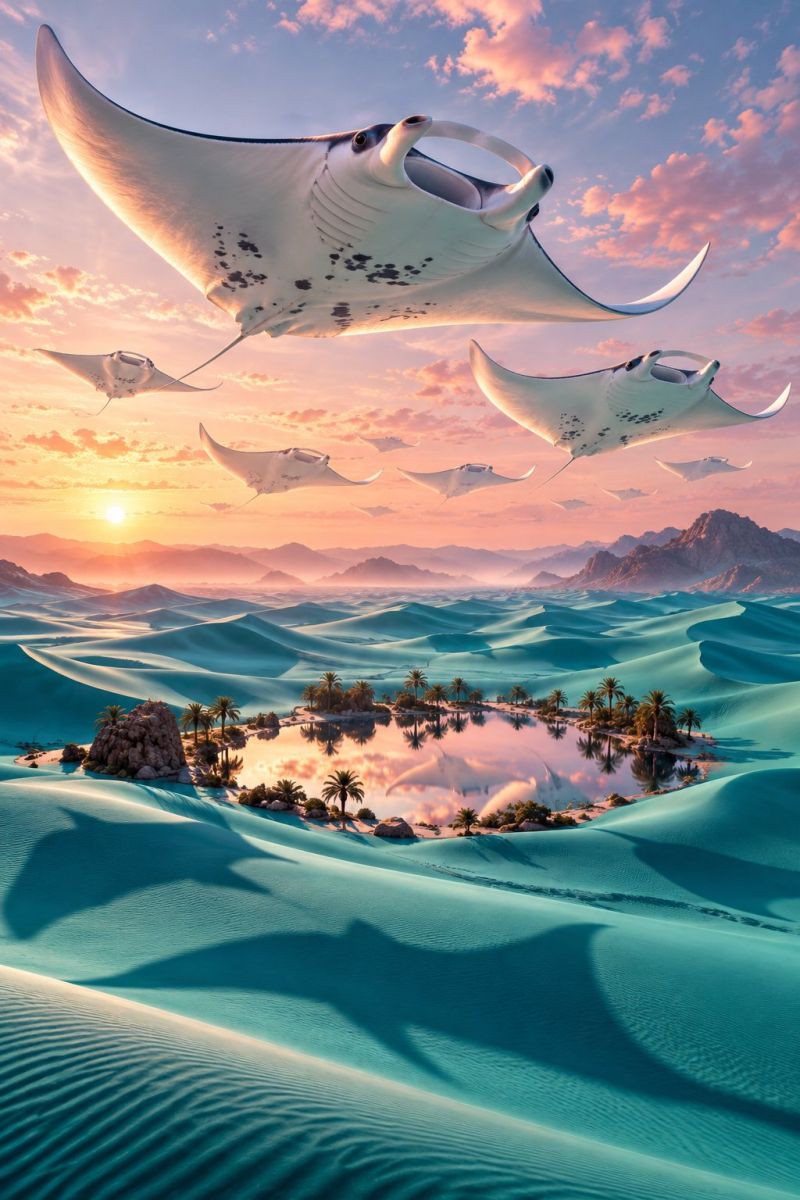 Desert coucher soleil ciel nuages sable eau ile rochers vagues reflet horizon montagnes mer palmiers arbres plusieurs grandes raies manta blanches avec des points noirs survolent un vaste paysage désertique. Le désert est rempli de dunes de sable ondulées et se trouve une petite oasis circulaire au centre, entourée de palmiers. Le ciel est un mélange de teintes bleues et roses, indiquant un lever ou un coucher de soleil. Les montagnes sont visibles au loin et la scène d'ensemble est surréaliste, presque onirique.