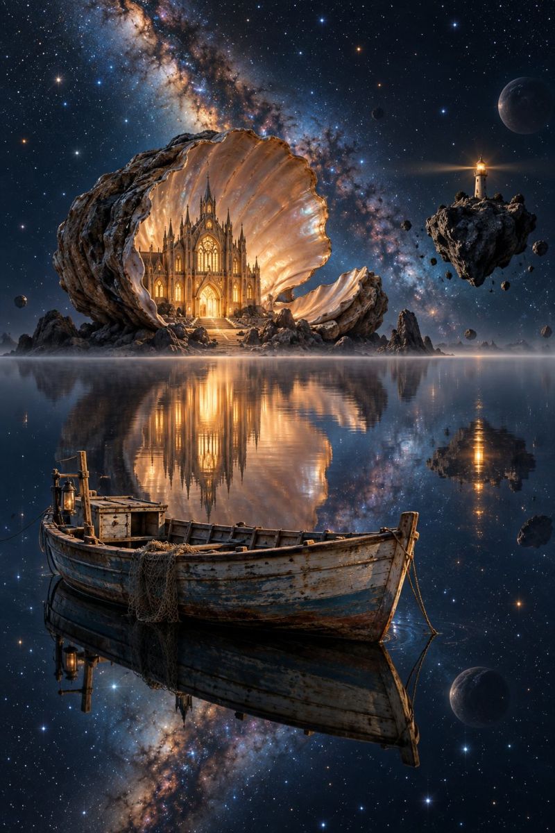 Castle lighthouse boat reflection water night sky stars fantasy architecture medieval gothic dreamlike imagination space cosmos universe In the center of the image, a large shell-like structure opens up to reveal a grand, glowing cathedral inside. The cathedral is illuminated from within, casting a warm light that reflects off the water below. A small boat is floating on the water, with its reflection mirrored in the calm surface. The sky above is filled with stars and a galaxy, adding a sense of vastness and wonder. On the right side, a small rocky island with a lighthouse stands out against the night sky. The entire scene is bathed in a soft, ethereal glow, creating a magical and surreal atmosphere.