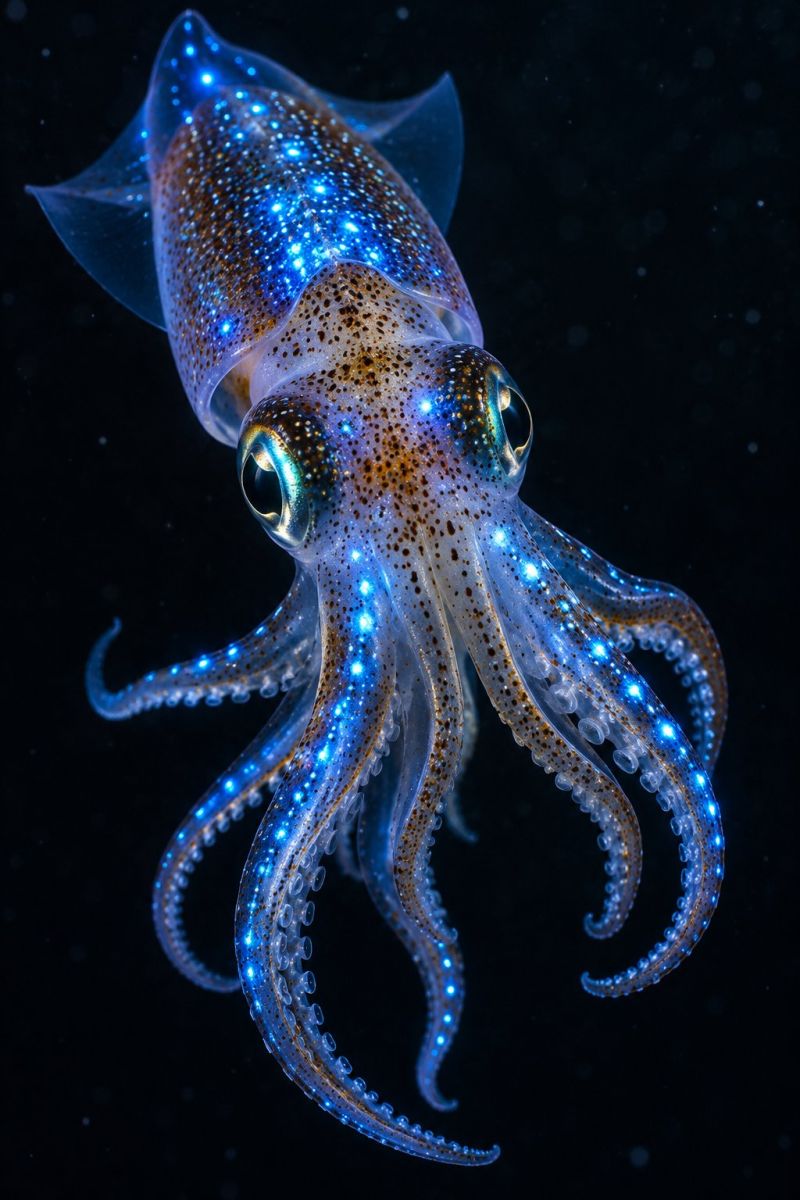 Calmar cephalopode marin ocean sous bioluminescence bleu lueur tentacules oeil tete texture ecailles nageoire predateur proie calmars flottant dans l'eau sombre. Le calmar a un corps translucide avec un motif de taches bleues et brunes. Sa tête est large et ronde, avec deux yeux proéminents qui ont un aspect réfléchissant, presque métallique. Les tentacules sont longs et fins, avec de petites ventouses rondes. Le corps du calmar est illuminé par une douce lumière bleue qui met en valeur les détails complexes de sa peau et ses yeux brillants. Le fond est sombre, ce qui met en valeur les caractéristiques éclatantes du calmar.