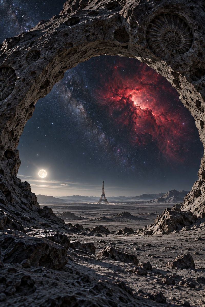 Space night sky moon stars galaxy universe astronomy cosmic planet spaceship architecture building landmark outer surreal scene with a large rock formation creating an arch-like structure. Through this arch, the viewer sees a vast desert landscape with the Eiffel Tower standing prominently in the distance. The sky above is a deep blue, dotted with stars and a full moon. The night sky is filled with a nebula, a cloud of gas and dust, glowing in vibrant reds and purples. The foreground is rocky and barren, with the moon casting a soft light over the scene.