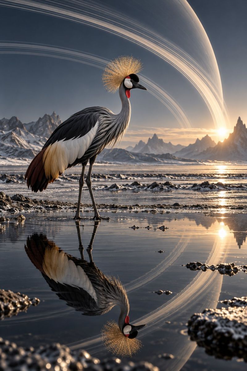 Bird crane feathers reflection water wildlife nature mountains sky sun sunset horizon rocks shoreline wetland wetlands outdoors A striking image of a crowned crane standing in shallow water, its reflection mirrored on the surface. The crane has a distinctive golden crest on its head, a black and white body, and a red patch on its face. The background features a vast, open landscape with mountains in the distance, and the sky is a deep blue with a hint of sunset colors. The water is calm, and the reflection of the crane is clear, adding to the serene and majestic atmosphere of the scene.