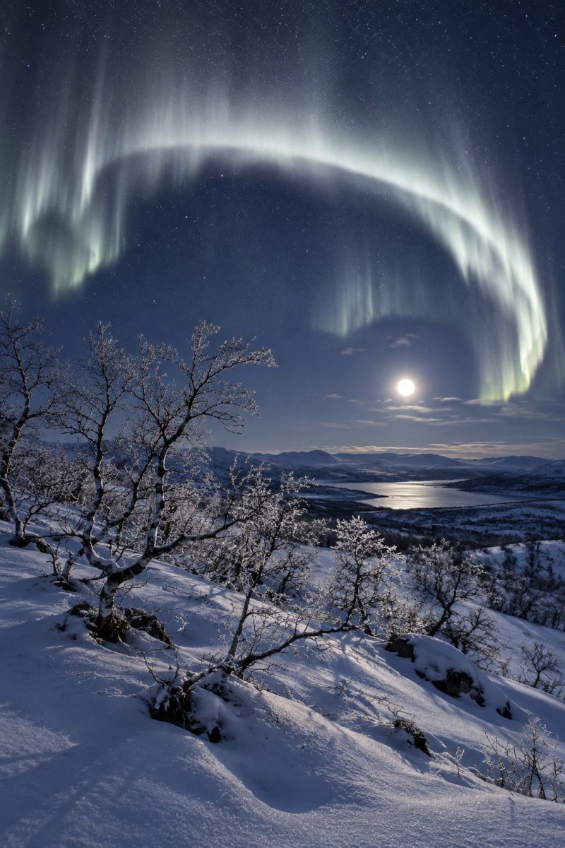 Night sky snow mountain tree water moon aurora reflection lake winter frost cloud ice hill forest rock valley fog breathtaking winter night scene with a full moon shining brightly in the sky. The moon is surrounded by a faint halo of clouds, adding a mystical touch to the scene. The sky is filled with vibrant, colorful auroras, with shades of green, pink, and purple dancing across the night sky. The auroras form an arch-like structure, creating a stunning visual effect. The foreground features a snowy landscape with bare trees and a frozen lake, reflecting the moon's light. The mountains in the background are also covered in snow, adding to the serene and magical atmosphere of the image.