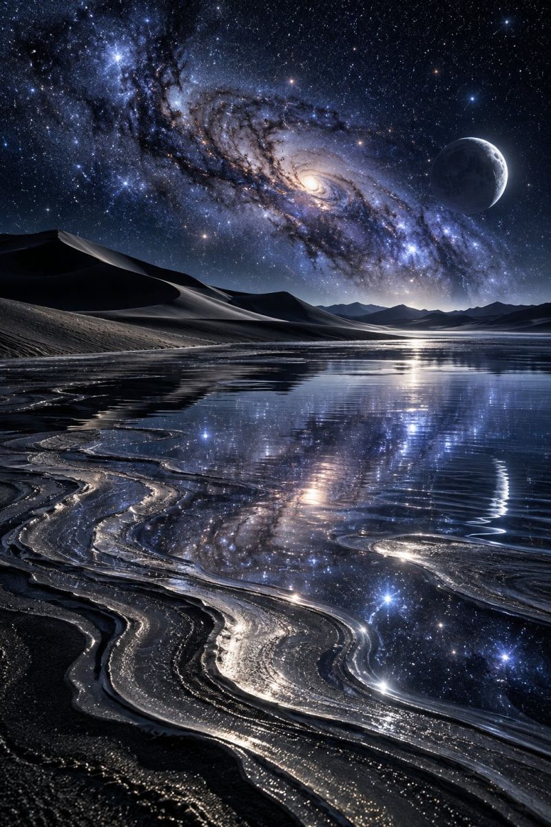 Stars galaxy moon water reflection desert sand mountains space universe astronomy cosmic celestial nighttime cosmology night sky outer starry vast desert landscape under a night sky filled with stars. In the foreground, the ground is dark and textured, with ripples and patterns suggesting a sandy or rocky terrain. The water in the foreground is calm and reflects the night sky, creating a mirror-like effect. The sky is dominated by a large, spiral galaxy with a bright center, surrounded by countless stars. A large, dark planet is visible in the upper right corner, adding to the cosmic scene. The horizon is lined with distant mountains, their silhouettes barely visible against the night sky. The overall scene is serene and otherworldly, blending elements of nature and the cosmos.