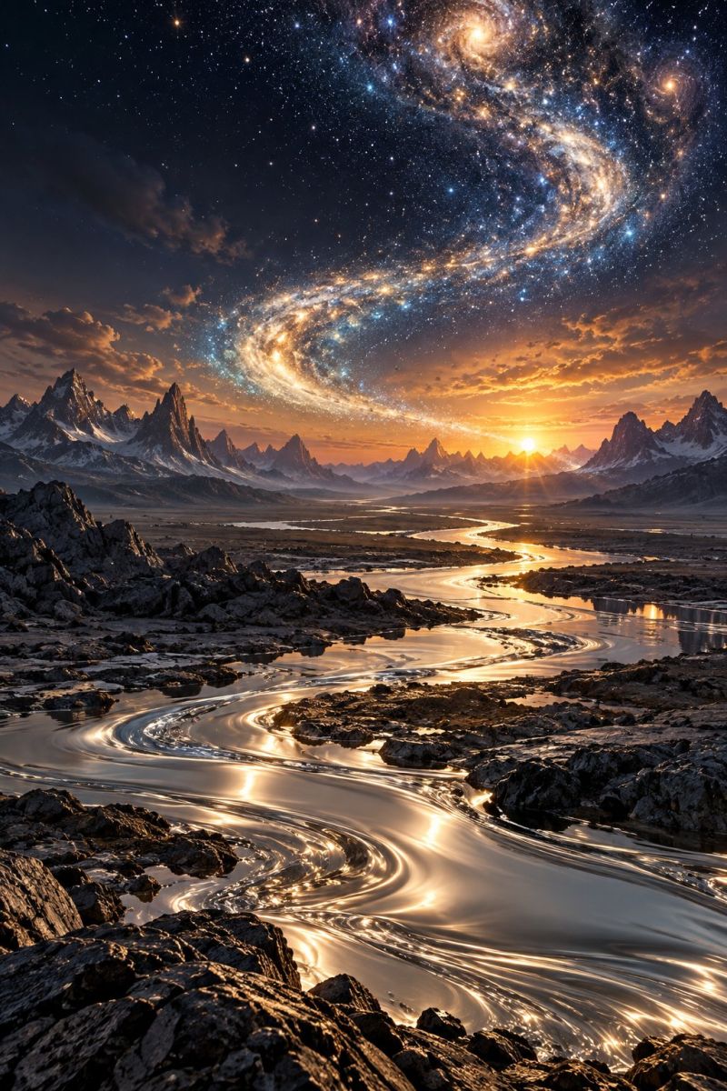 Etoiles galaxie montagnes riviere eau soleil coucher nuages rochers reflet ombres nature espace univers astronomie nuit ciel scène époustouflante d'une rivière qui traverse un paysage rocheux sous un ciel nocturne rempli d'étoiles. La rivière est illuminée par le soleil couchant, projetant une chaude lueur dorée sur l'eau et les rochers environnants. Le ciel est d'un bleu profond, parsemé d'innombrables étoiles, et présente une galaxie spirale proéminente qui s'étend sur la partie supérieure de l'image. La galaxie est un tourbillon d'étoiles, de gaz et de poussière, créant un spectacle céleste fascinant. En arrière-plan, une chaîne de montagnes enneigées est visible, dont les sommets sont baignés par la douce lumière du coucher de soleil. L'atmosphère générale est sereine et impressionnante, capturant la beauté de la nature et l'immensité de l'univers.