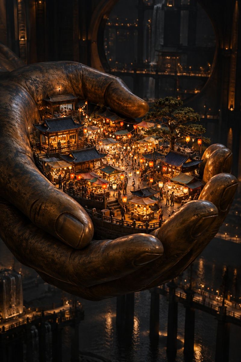 Hand city night market people building bridge water dark architecture street lamp town township river townscape urban towns A large bronze hand holds a miniature, intricately detailed scene of a bustling marketplace at night. The marketplace is filled with small buildings, each adorned with lanterns and colorful flags. People are walking around, some are sitting at tables, and there are small trees and plants scattered throughout. The buildings have tiled roofs and are surrounded by small bridges and pathways. The entire scene is illuminated by warm, glowing lights, creating a cozy and inviting atmosphere. In the background, there are large, dark structures that appear to be part of a larger city or town.