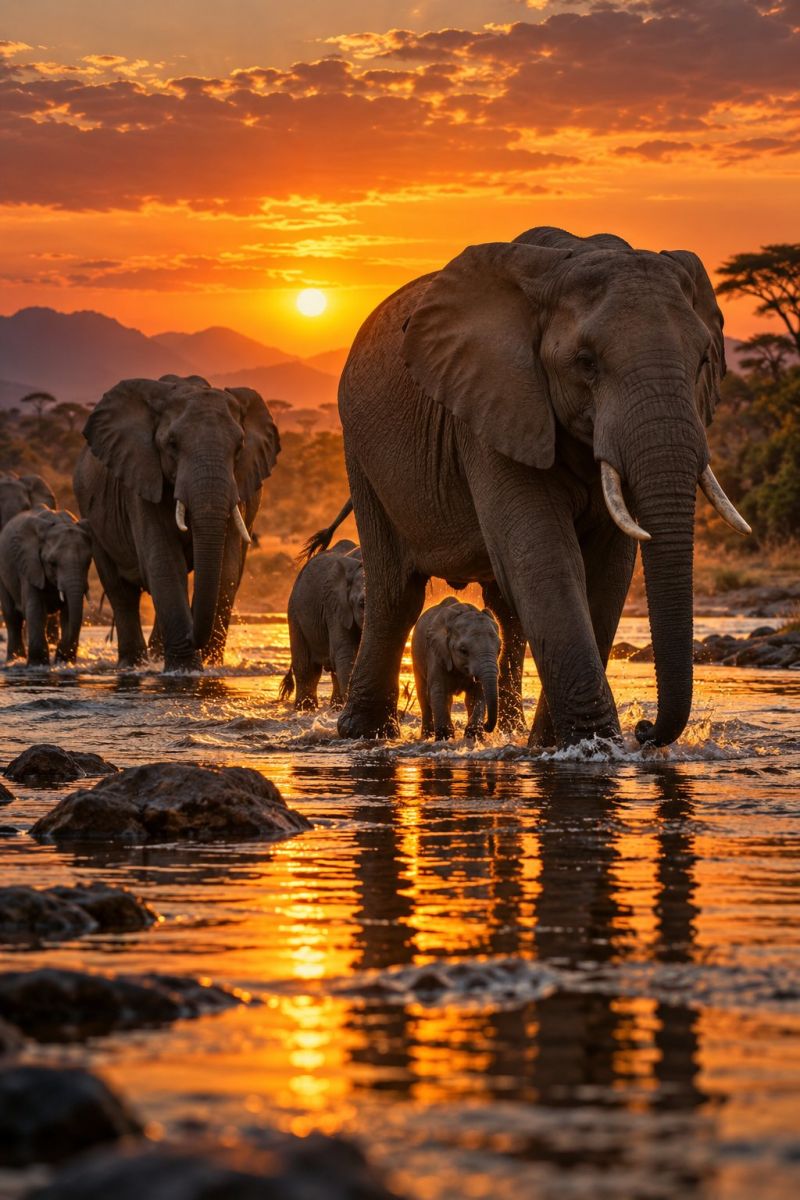 Traversee elephants coucher soleil image magnifique prise précise montrant les méfaits sauvage des activités humaines sur la biodiversité sur la traversee d elephants coucher soleil
