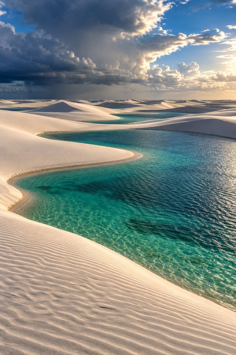 Desert sable eau lac ciel nuages soleil lever coucher plage mer ocean vagues ondulations reflet rivage vaste paysage désertique avec un contraste saisissant entre les dunes de sable et l'eau bleue claire. Les dunes sont grandes et blanches, avec des motifs complexes formés par le vent. Le plan d'eau, probablement un lac ou un lagon, est d'un bleu profond et présente une courbe douce, créant une frontière naturelle entre la terre et l'eau. Le ciel au-dessus est partiellement nuageux, certains nuages apparaissant sombres et d'autres illuminés par le soleil couchant, projetant une lueur chaude sur la scène. L'atmosphère générale est sereine et pittoresque, mettant en valeur la beauté des éléments de la nature en harmonie.