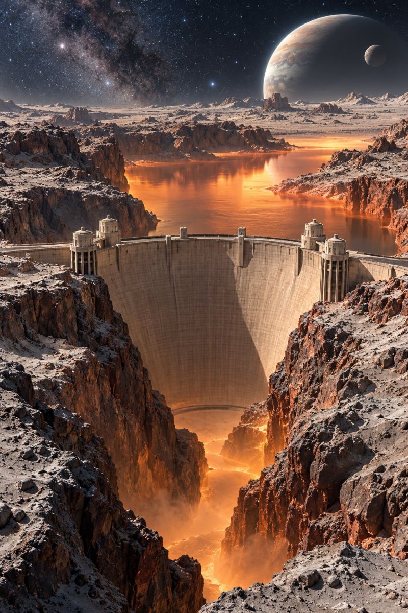 Dam lake mountain rock sky space star water planet moon night universe astronomy celestial cosmic cosmology galaxy starry outer vast, arid landscape with a large dam constructed across a canyon. The dam is made of concrete and has several towers at regular intervals along its length. The canyon walls are steep and rocky, with some snow patches visible on the higher parts. The sky is a deep blue, filled with stars and a large, glowing planet in the distance, accompanied by a smaller moon. The water behind the dam is reflecting the sunset, casting warm orange and pink hues across the scene. The overall atmosphere is serene and otherworldly.