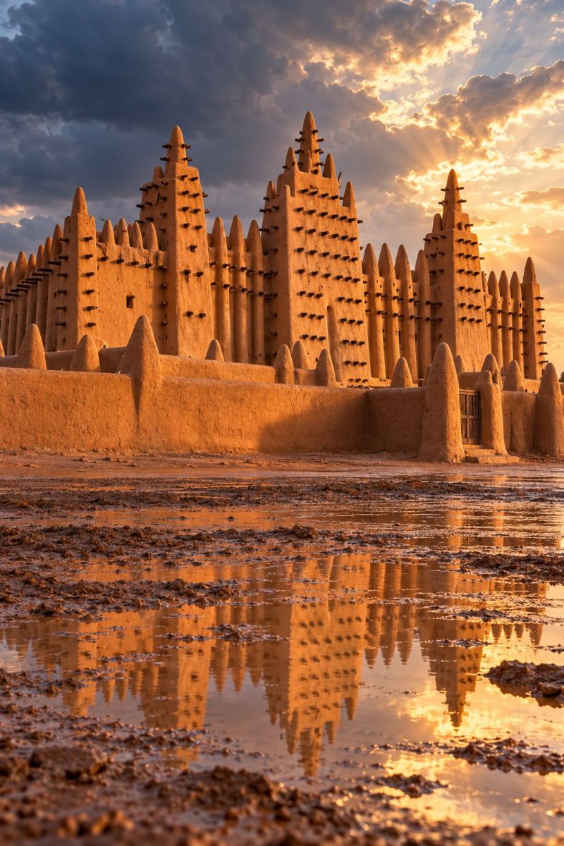 Architecture batiment chateau ville desert fort fortification fortifie fortifications village mur murs grande structure ancienne faite de briques crues, se dressant bien en vue sur fond de ciel nuageux en transition vers le coucher du soleil. La structure comprend de nombreuses tours et flèches hautes et pointues, avec une série de petites fenêtres rectangulaires et des motifs décoratifs sur les murs. Les tours sont disposées en rangée, créant une apparence de forteresse. Le reflet du bâtiment est visible dans les flaques d'eau au premier plan, qui montrent également les couleurs du ciel. Le sol autour de la structure est humide, avec des plaques de boue et de petites flaques d'eau, ce qui indique qu'il a récemment plu ou qu'il y a eu de l'humidité.