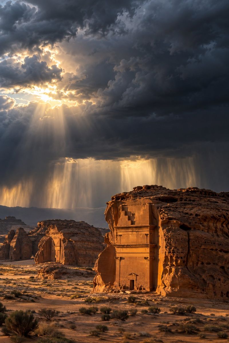 Desert soleil nuages pluie architecture ancien batiment nature meteo tempete ciel montagne colline vallee vegetation roche formation une scène dramatique se déroule dans un paysage désertique. Le ciel est rempli de nuages sombres et épais, mais les rayons du soleil le traversent, créant un contraste saisissant. La lumière du soleil illumine une grande structure ancienne sculptée dans une formation rocheuse, mettant en valeur ses détails complexes. La structure possède une entrée majestueuse avec des marches qui y mènent et elle est entourée d'un terrain accidenté et rocheux. Le sol est recouvert d'une végétation clairsemée et l'atmosphère générale est empreinte d'émerveillement et de mystère.