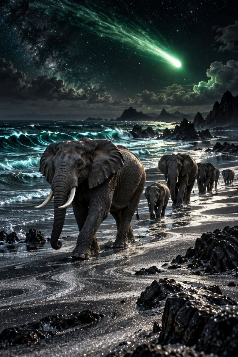 Elephant plage nuit faune animal mammifere mer ocean rivage rocher ciel nuage eau vagues montagne comete espace etoile astronomie Un troupeau d'éléphants se promène le long d'une plage la nuit. Les éléphants sont de tailles différentes, le plus grand étant le plus grand en tête. La plage est rocheuse et l'eau est calme avec de petites vagues. À l'arrière-plan, il y a une grande formation rocheuse et le ciel est sombre avec une comète vert vif qui la traverse. La comète est entourée d'une lueur verte et des étoiles sont visibles dans le ciel.