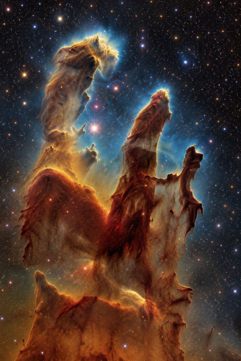 Space nebula stars astronomy universe cosmic galaxy celestial cosmology astrophysics ionization outer star formation interstellar dust ionized gas emi The image showcases a dramatic scene from space, featuring towering, pillar-like structures made of dark, dense material. These pillars are illuminated by bright, glowing tips, suggesting the presence of newborn stars. The background is a deep, dark blue, dotted with countless stars of varying sizes and brightness. The overall effect is one of mystery and grandeur, with the pillars appearing to rise from a vast, star-filled expanse.