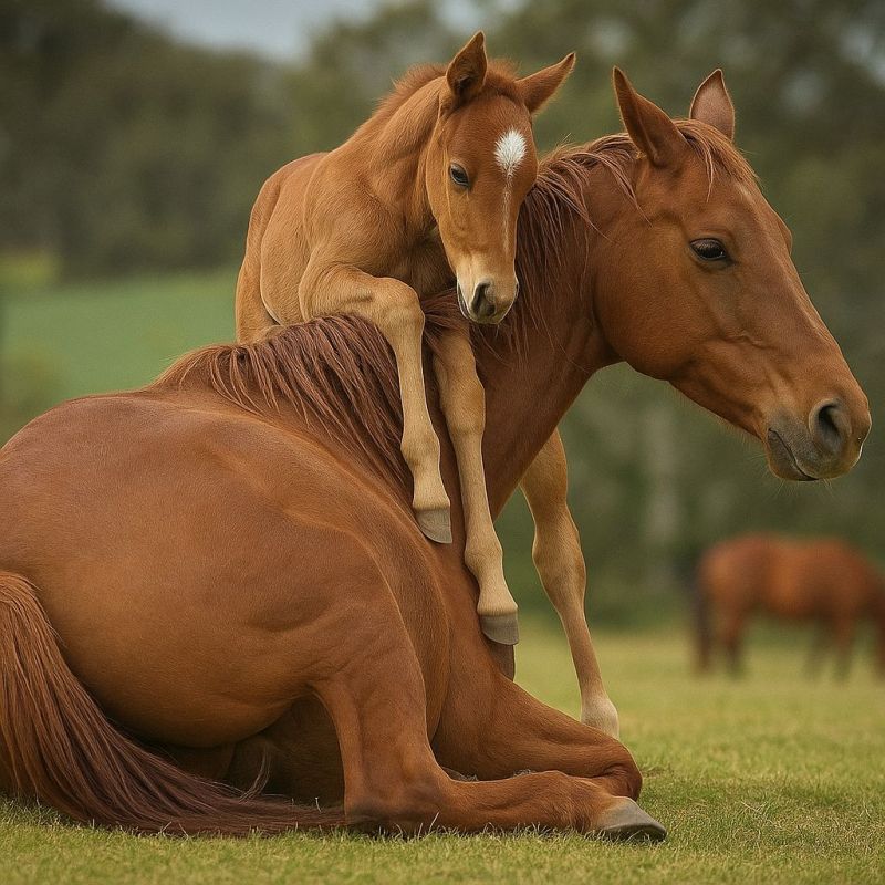 Cheval poulain mere bebe animal faune nature air herbe prairie champ mammifere equide compagnie lien parentalite jeu mignon Dans un champ herbeux, un jeune poulain est assis sur le dos de sa mère, une jument adulte. Le poulain a une tache blanche sur le front et regarde vers la gauche. La jument est allongée, et les deux animaux ont des robes brillantes et brunes. Au loin, un autre cheval broute, et le ciel est couvert.
