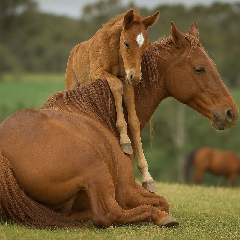 Cheval poulain mere bebe animal faune nature herbe prairie champ mammifere equide compagnie lien parentalite amour soin protection Dans un champ herbeux, un cheval brun est allongé, la tête reposant sur le sol. Sur ce cheval, un plus petit poulain brun est debout, ses pattes avant sur le dos du cheval plus grand et ses pattes arrière pendant du côté. Le poulain a une tache blanche sur le front. Au fond, il y a un autre cheval qui broute, et le ciel est couvert.