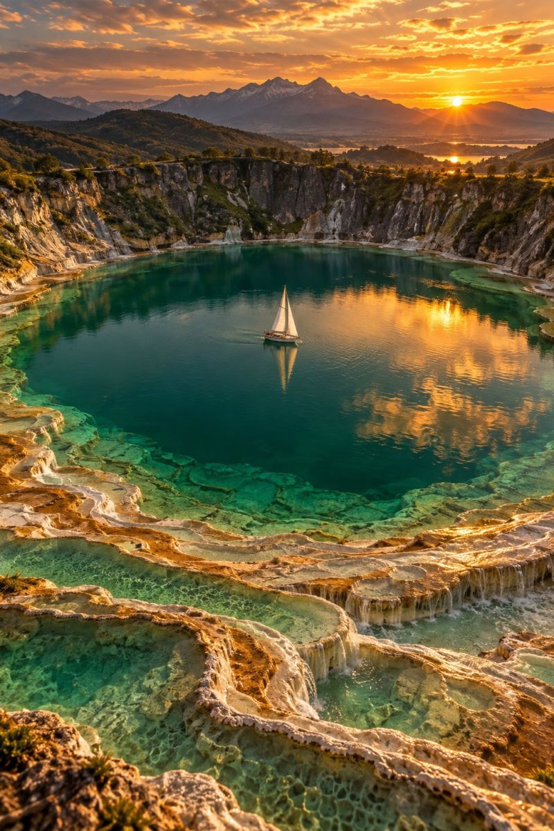 Lac eau bateau ciel coucher soleil montagne reflet nature mer nuage horizon rocher colline nuages cascade rochers Un voilier navigue sur un lac aux eaux bleues claires. Le lac est entouré de falaises rocheuses à la végétation verdoyante. Le soleil se couche au loin, projetant une lueur chaude sur l'eau et les falaises. Le ciel est rempli de nuages et les rayons du soleil brillent, créant une scène magnifique. Au loin, il y a des montagnes avec un lac ou une rivière entre les deux.