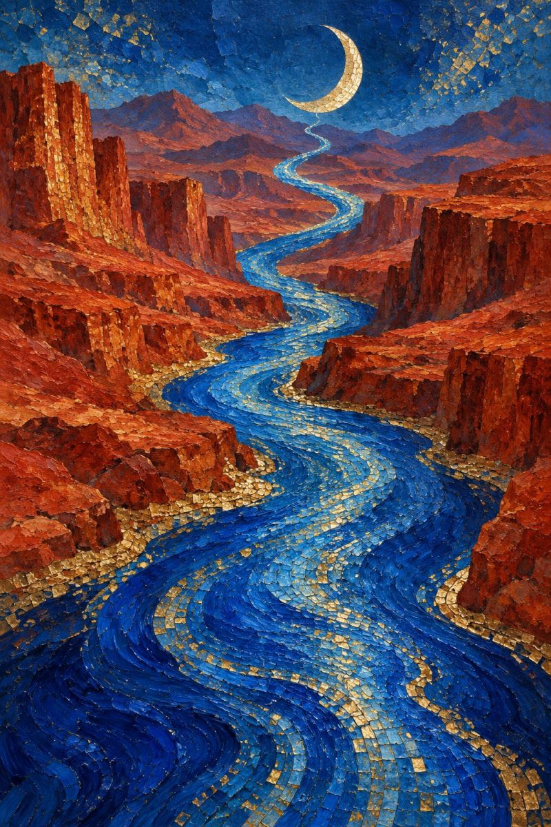 Riviere montagnes nuit etoiles bleu rouge texture eau rochers falaises ciel desert mosaique croissant lune superbe peinture de paysage d'une rivière qui traverse un canyon sous un ciel nocturne. La rivière est représentée par des mosaïques complexes, principalement dans des tons de bleu profond et d'or, créant un effet chatoyant qui imite le mouvement de l'eau. Les parois du canyon sont composées de tuiles brun rougeâtre, donnant l'impression de falaises rocheuses accidentées. Le ciel est d'un bleu profond, parsemé d'étoiles et d'un croissant de lune, également composé de mosaïques, ajoutant une touche céleste à la scène. L'effet global est à la fois réaliste et artistique, alliant des techniques de peinture traditionnelles à une approche texturée moderne.