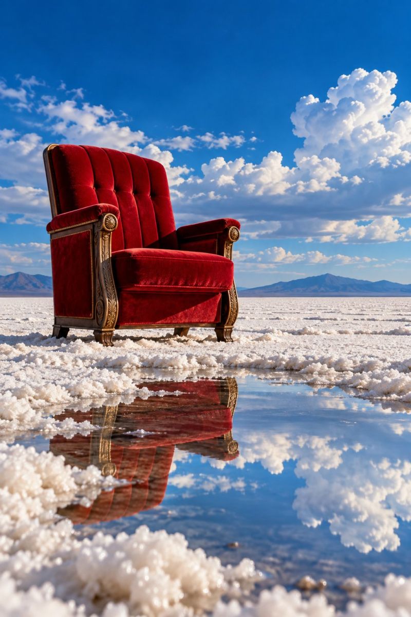 Avez fournis chair red rouge salt sel lake lac reflection reflexion water eau sky ciel clouds nuages outdoors nature desert salty sale mineral Au centre de l'image, il y a un grand fauteuil en velours rouge avec des accents dorés. Le fauteuil est placé sur une surface plane et blanche qui semble être du sel, avec le reflet du fauteuil visible sur la surface. Le ciel au-dessus est d'un bleu profond avec des nuages blancs éparpillés, et au loin, il y a des montagnes. Le design du fauteuil est élégant, avec un dossier haut et des accoudoirs, et il semble être une pièce maîtresse dans ce paysage autrement aride.
