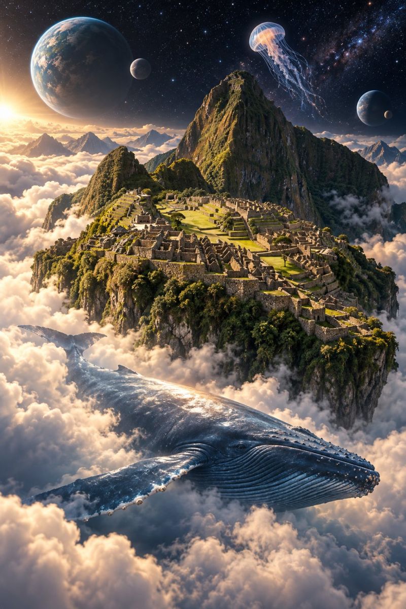 Montagne nuage ciel planete espace baleine ocean mer eau soleil nuit etoile univers fantaisie imagination extraterrestre paysage surréaliste avec une grande chaîne de montagnes en arrière-plan, surmontée de ruines antiques ressemblant au Machu Picchu. Les ruines sont entourées d'une végétation luxuriante et sont perchées sur une falaise, avec des nuages tourbillonnant autour de la base. Une énorme baleine flotte au premier plan, son corps partiellement immergé dans les nuages. Au-dessus de la baleine, une méduse flotte gracieusement dans le ciel. À l'arrière-plan, plusieurs corps célestes, dont une grosse planète, une lune et d'autres planètes lointaines, se détachent tous dans un ciel étoilé.