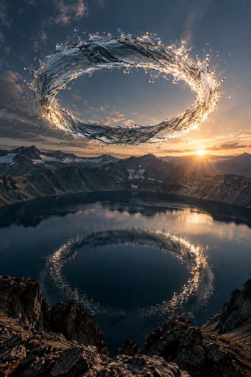 Eau lac montagne soleil ciel lever reflet cascade eclaboussure embruns gouttelette brume matin L'image capture une scène sereine et majestueuse d'un lac niché dans un paysage montagneux. Au centre, une grande éclaboussure circulaire d'eau se trouve dans les airs, créant un effet dynamique et visuellement saisissant. Les gouttelettes d'eau sont illuminées par le soleil couchant, projetant une lueur chaude et dorée qui se reflète sur la surface du lac. Le lac lui-même est calme et sombre, reflétant le ciel et les montagnes environnantes. Les montagnes sont accidentées et couvertes de neige, ce qui ajoute à la qualité spectaculaire et pittoresque du paysage. Le ciel est un mélange de teintes bleues et oranges, indiquant l'heure du coucher du soleil. La composition générale est équilibrée, les éclaboussures d'eau apportant une sensation de mouvement et d'énergie au cadre paisible.