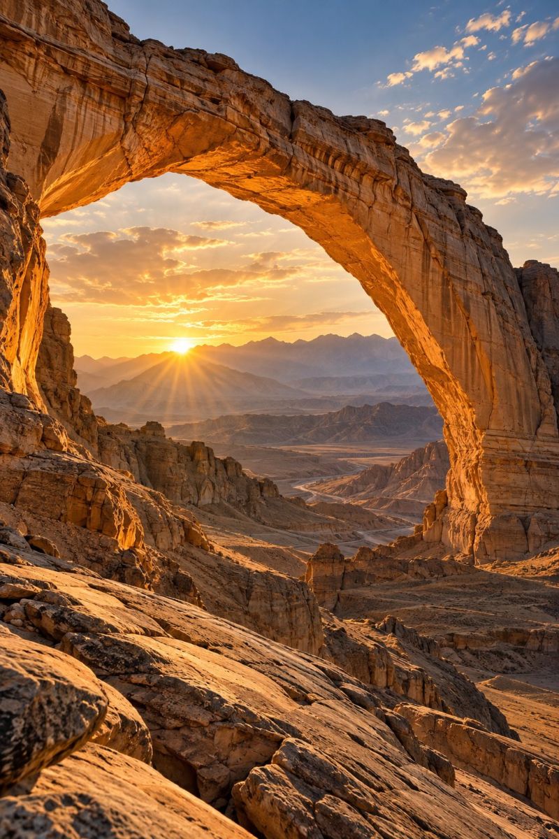 Desert rock mountain sky sun sunrise sunset rocky formation cliff side wall The image captures a breathtaking view of a natural arch formation in a desert landscape at sunset. The arch, made of rugged, weathered rock, stands prominently against the back of a clear, blue sky with scattered clouds. The sun is setting on the horizon, casting a warm, golden light that illuminates the arch and the surrounding rocky terrain. The sky transitions from a deep blue to a soft orange and pink near the horizon, creating a stunning gradient. In the distance, a range of mountains is visible, their peaks bathed in the soft, golden light of the setting sun. The foreground is filled with large, jagged rocks and a sandy, arid landscape. The overall scene is serene and majestic, highlighting the beauty of nature's formations.