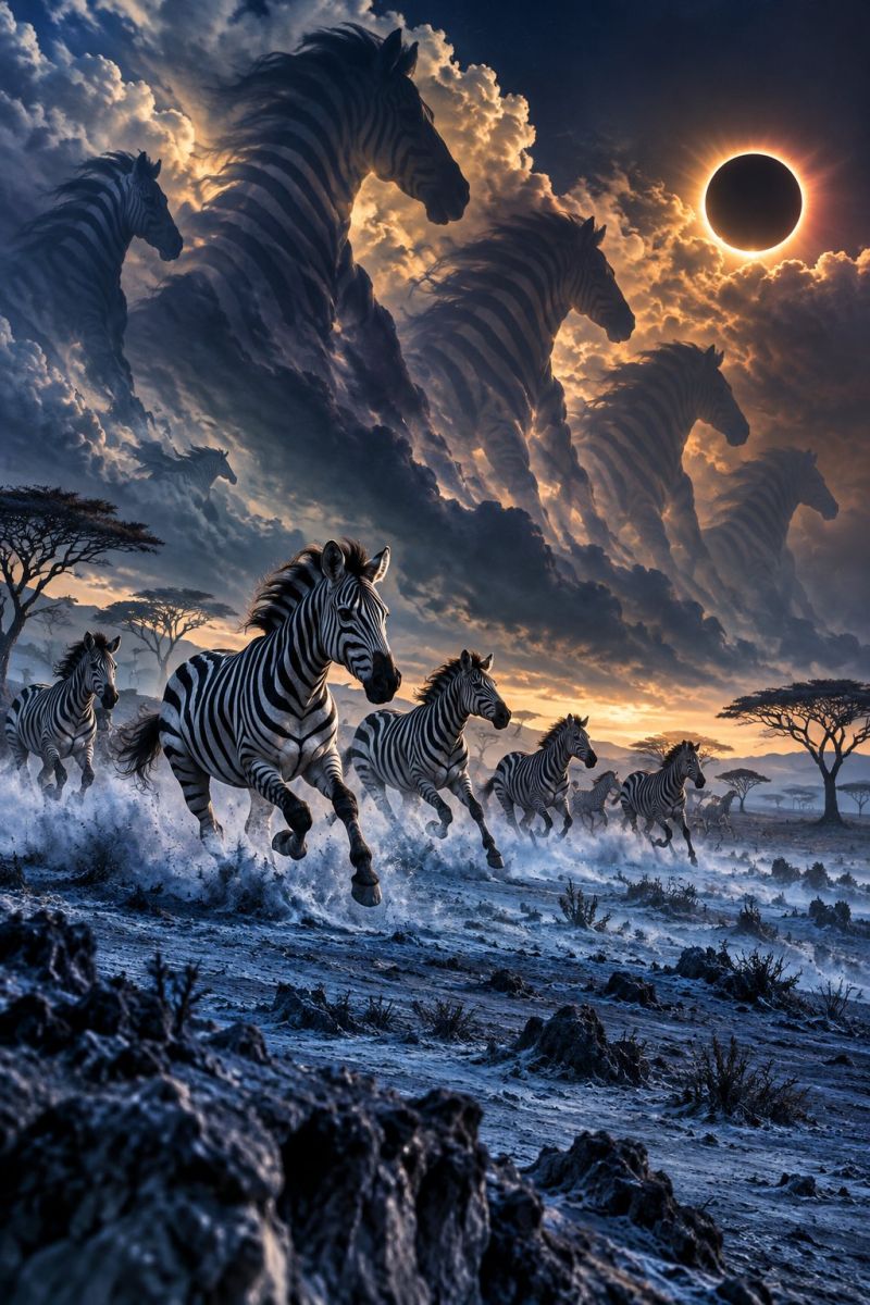 Zebre cheval animal faune course pied nuage ciel soleil eclipse coucher herbe arbre nature air montagne colline rocher poussiere poussiereux Au premier plan, un troupeau de zèbres traverse un paysage enneigé, les jambes levées à mi-foulée, créant ainsi une sensation de mouvement. Les zèbres sont noirs et blancs avec des rayures distinctives. Le ciel au-dessus est un mélange de bleus et de gris profonds, avec des nuages qui semblent se déplacer en vagues, ce qui donne un effet surréaliste. À l'arrière-plan, le soleil est partiellement éclipsé par un gros objet sombre, projetant une ombre spectaculaire sur la scène. L'horizon est peint d'une teinte chaude et dorée, évoquant le soleil couchant. Le sol est recouvert de neige et une végétation clairsemée est visible. La scène générale est à la fois dynamique et sereine, avec un sentiment d'émerveillement naturel.