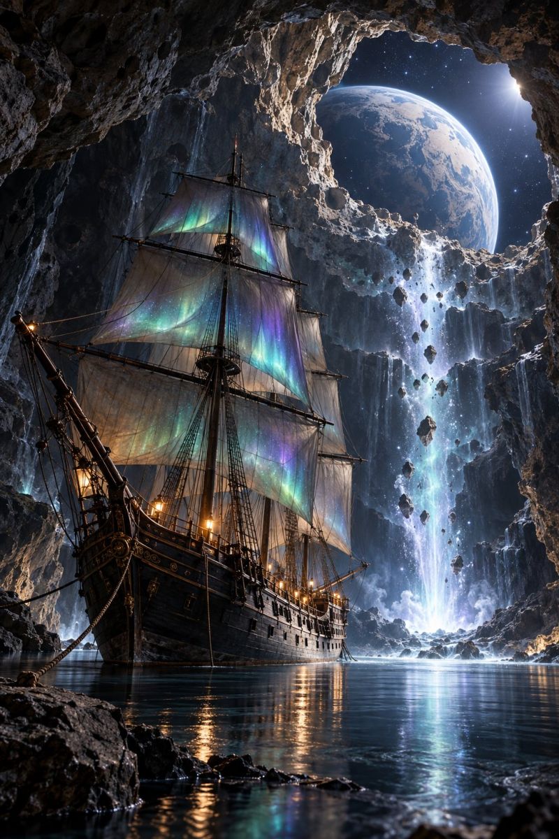 Ship water cave rock night space planet aurora fantasy imagination adventure exploration dream magic mystery wonder spaceship An old pirate ship with colorful sails is docked inside a cave. The ship is illuminated by warm lights, and the sails have a shimmering effect with green and purple hues. The cave has a large opening at the top, revealing a waterfall and a large rock formation. The water is calm, and the ship's reflection is visible on the water's surface. In the distance, there is a planet with a bright light, and the sky is filled with stars.