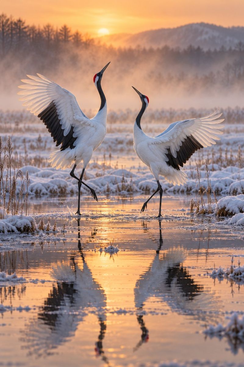 Grue oiseau eau coucher soleil nature faune reflet neige zone humide plume aile ciel montagne foret brume brouillard lever habitat migration Deux grues élégantes aux plumes blanches et aux ailes noires se tiennent au bord d'un plan d'eau calme et réfléchissant. Leurs ailes sont largement déployées et ils semblent engagés dans une danse gracieuse. Le soleil couchant projette une lumière chaude et dorée sur la scène, mettant en valeur le sol enneigé et les arbres au loin. Le ciel est un mélange de teintes orange et rose, créant une toile de fond sereine et pittoresque. Le reflet des grues et de l'environnement environnant est visible à la surface de l'eau.