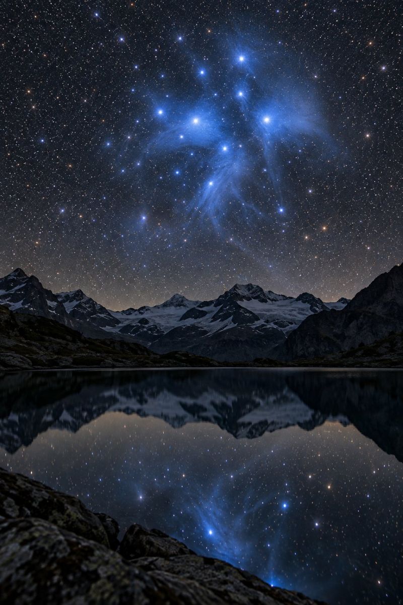 Montagnes lac reflet etoiles constellation nuit obscurite ciel nature astronomie eau roches neige horizon nuages montagne chaine ciel nocturne serein rempli d'étoiles, mettant en évidence la constellation de la Croix du Sud. Les étoiles sont éparpillées dans un ciel d'un bleu profond, certaines apparaissant plus brillantes que d'autres. La Croix du Sud est clairement visible, avec sa forme caractéristique en forme de croix formée de quatre étoiles brillantes. Sous le ciel, un lac paisible reflète les étoiles et le ciel, créant une image miroir de la scène céleste. À l'arrière-plan, des montagnes enneigées s'élèvent majestueusement, leurs sommets étant partiellement masqués par l'obscurité de la nuit. L'ensemble de la scène est baigné d'une douce lueur éthérée, renforçant l'atmosphère paisible et impressionnante.