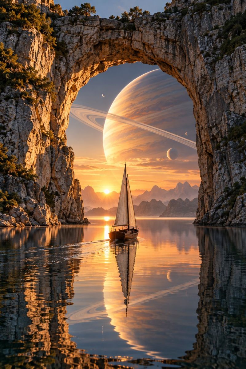 Bateau eau reflet ciel soleil lever coucher montagne rocher falaise rivage ligne Un voilier glisse à travers un plan d'eau paisible et réfléchissant, encadré par une arche naturelle faite de rochers escarpés. Le ciel au-dessus est une toile aux teintes chaudes du coucher du soleil, avec une grande planète rougeoyante et des anneaux de planètes semblables à Saturne au loin. La scène est un mélange de beauté naturelle et d'émerveillement cosmique, le reflet du voilier reflétant le spectacle céleste à la surface de l'eau.