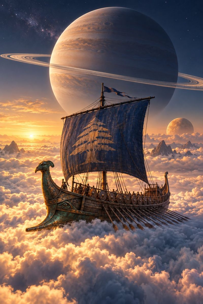 Vaisseau spatial espace navire nuages ciel fantaisie Au premier plan, un navire viking avec une tête de dragon à la proue navigue dans les nuages. Le navire a une voile bleue avec un motif d'arbre doré et est piloté par plusieurs personnes, certaines debout aux rames. Le navire est entouré de rames et de boucliers. À l'arrière-plan, il y a une grande planète avec des anneaux, une lune plus petite et un soleil couchant. Le ciel est rempli d'étoiles et les nuages sont illuminés par le soleil couchant.