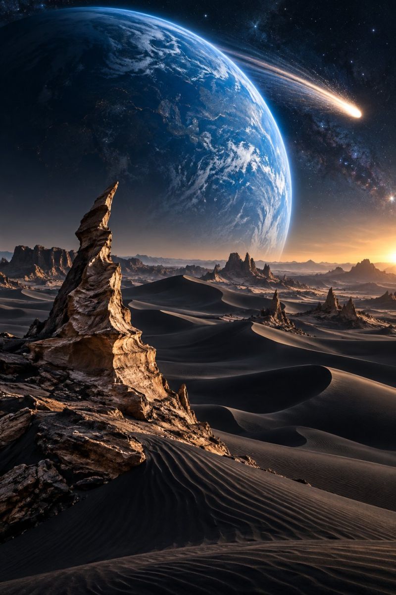 Planete espace meteore ciel desert roche sable montagne nuit etoile nuage atmosphere terre comete astronomie univers galaxie Un vaste paysage désertique s'étend sous un ciel étoilé. Au premier plan, une grande formation rocheuse dentelée se dresse bien en évidence. Le désert est parsemé de petits affleurements rocheux et de dunes. À l'arrière-plan, une grande planète est visible, avec des nuages tourbillonnants et une comète brillante qui traverse le ciel. La queue de la comète s'étend dans le ciel, laissant une traînée de lumière. Le ciel passe du bleu foncé à une teinte plus claire près de l'horizon, indiquant le soleil couchant.