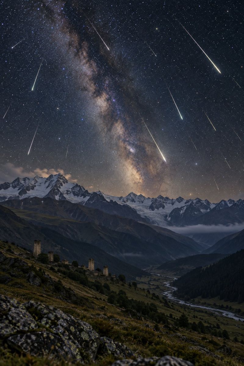 Nuit ciel montagne etoiles meteore nuage obscurite vallee riviere rocher colline batiment tour neige foret herbe eau douche champ ciel nocturne à couper le souffle rempli d'étoiles et de météores. La galaxie de la Voie lactée est bien visible et s'étend dans le ciel avec une teinte riche et sombre. De nombreux météores parcourent le ciel, laissant derrière eux des traînées lumineuses. Au premier plan, il y a des collines rocheuses et une rivière sinueuse qui traverse le paysage. Au loin, une série de montagnes enneigées s'élèvent majestueusement, leurs sommets illuminés par la lumière des étoiles. La scène se déroule dans une région montagneuse, avec quelques petites structures visibles à flanc de colline, peut-être de vieilles tours ou des tours de guet. L'atmosphère générale est sereine et impressionnante, capturant la beauté du ciel nocturne et du paysage naturel.