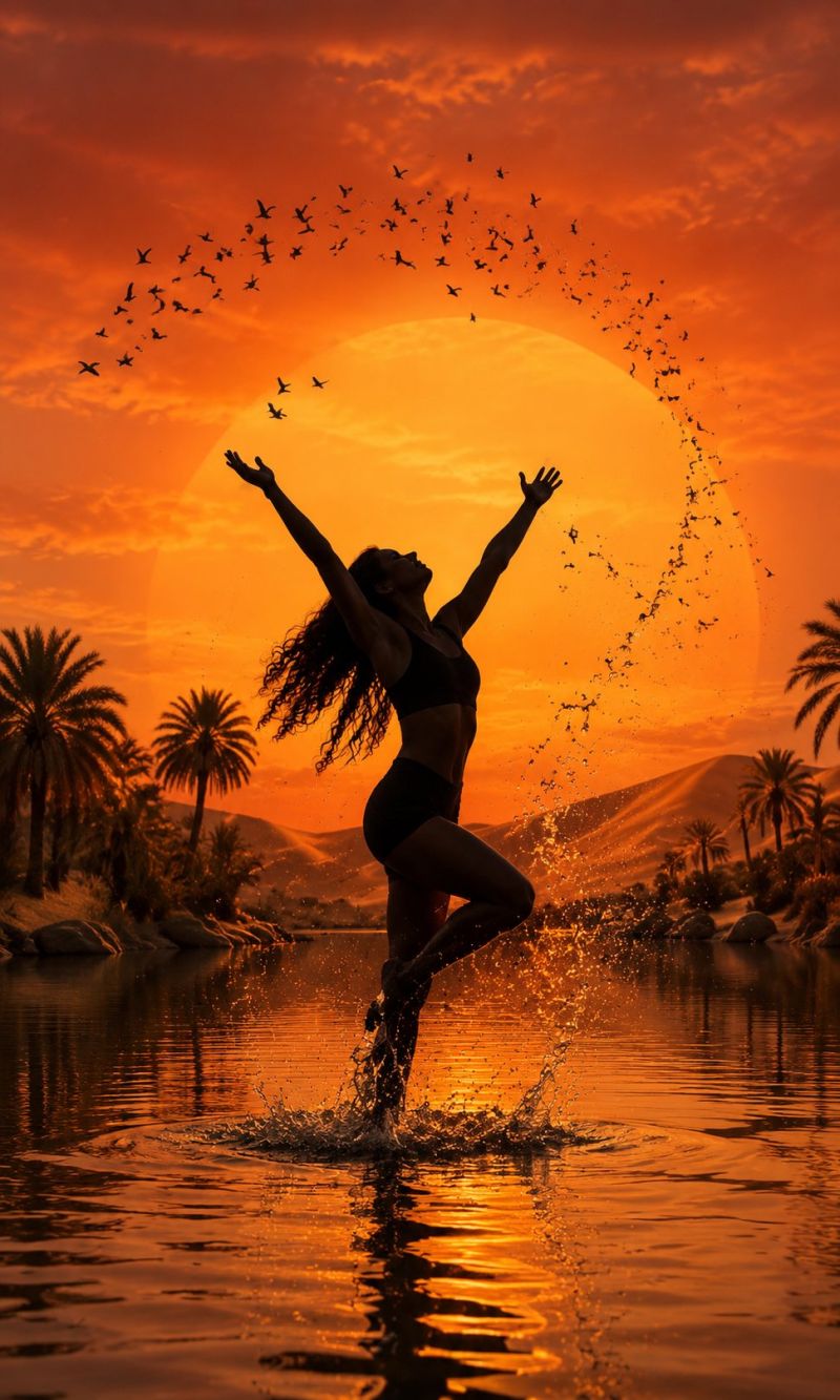 Coucher soleil eau desert sable rochers oiseaux danser liberte nature beaute chaud soiree reflexion creativite palmier arbres eclaboussure Une femme se tient dans un plan d'eau, peut-être un lac, les bras levés et les jambes écartées, créant une éclaboussure. Elle porte un bikini noir et a de longs cheveux bouclés. Le soleil se couche derrière elle, projetant une chaude lueur orange sur l'eau et les environs. Au loin, il y a des palmiers et la silhouette d'une montagne. Le ciel est rempli d'oiseaux volant en cercle.