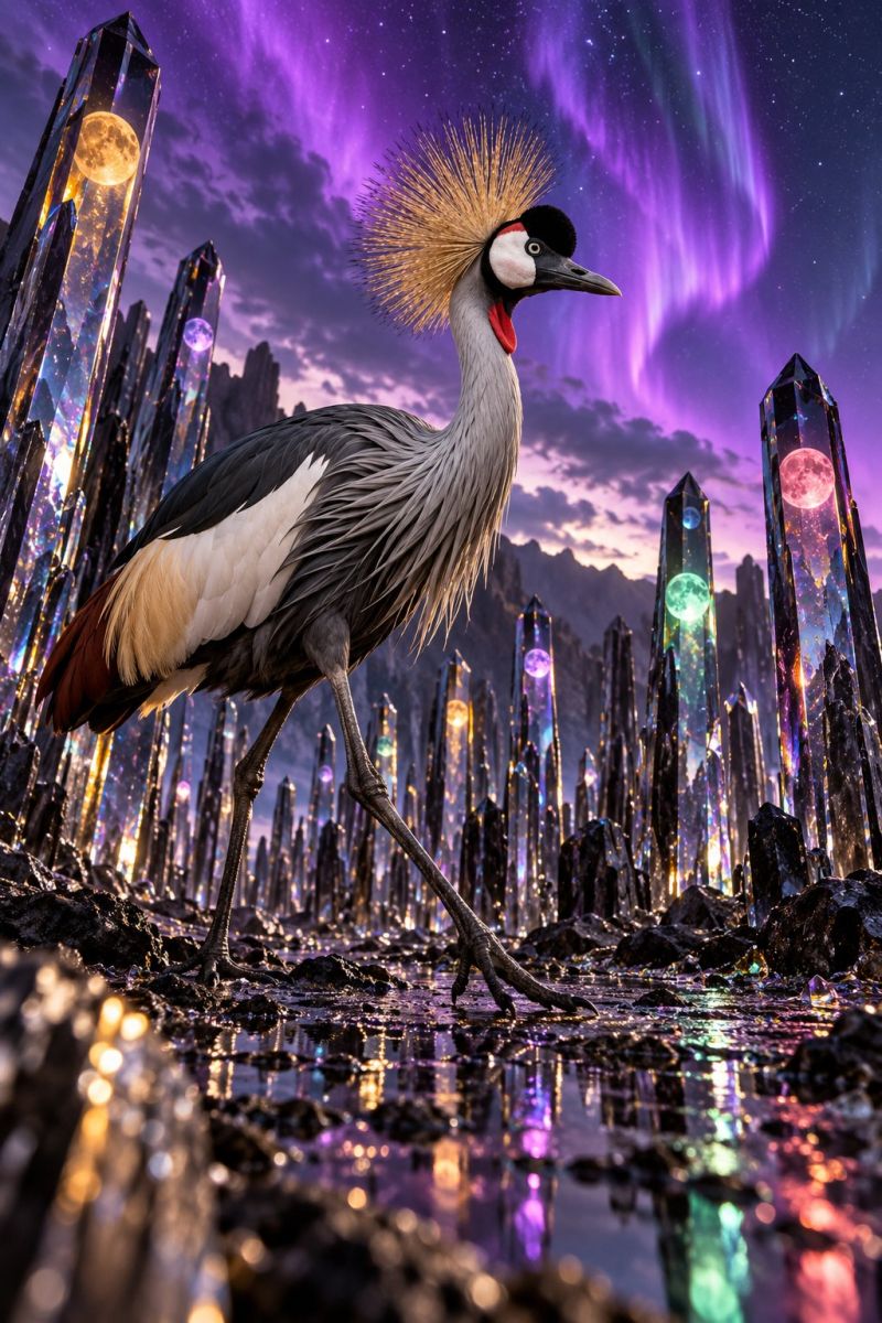 Oiseau grue plumes cristaux aurore lune reflet eau rochers nature faune fantaisie imagination nuit ciel Un grand oiseau à la crête saisissante se dresse dans un paysage surréaliste. L'oiseau a un corps gris, une poitrine blanche et une gorge rouge. Son bec est long et pointu. Derrière l'oiseau, de hautes structures cristallines brillent de différentes couleurs, notamment le violet, le rose et le vert. Le ciel au-dessus est d'un violet foncé, avec des aurores qui dansent dessus. Le sol est humide, reflétant les couleurs vives des cristaux.