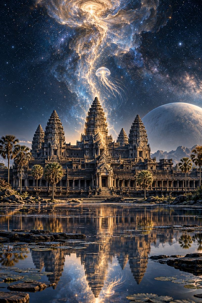 Temple architecture reflexion eau nuit ciel etoiles galaxie lune batiment ancien ombre cosmos palmiers arbres grand temple, probablement Angkor Wat, avec pour toile de fond une galaxie vibrante. Le temple est orné de sculptures et de tours complexes, qui se reflètent dans l'eau calme en contrebas. Des palmiers et d'autres végétaux entourent le temple, ce qui contribue à son atmosphère sereine. Le ciel est rempli d'étoiles et d'une grande planète brillante, créant une scène mystique et surnaturelle. Le reflet du temple et de la galaxie dans l'eau ajoute de la profondeur et de la beauté à l'image.