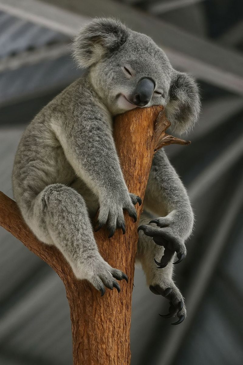 Koala sleeping tree wildlife australia mammal fur paws claws nature animal gray ear eye nose branch claw paw A koala bear is sleeping on a tree branch. The koala is curled up with its head resting on its arm, which is draped over the branch. Its fur is a light gray color, and it has a small, round face with a black nose. The koala's paws are gripping the branch, and its claws are visible. The tree branch is brown and has a few small twigs attached to it. The background is blurry, and it appears to be a metal structure.