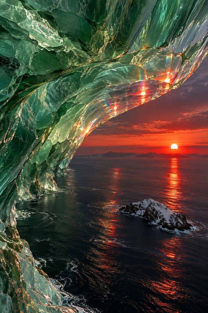 Coucher soleil ocean roche eau ciel reflet mer montagne glace nuage horizon nature beaute distance L'image capture une vue imprenable d'un coucher de soleil sur l'océan, vu à travers une grande grotte de glace transparente. La grotte de glace possède une structure cristalline unique, dentelée et filtrée par la lumière, créant un jeu fascinant de couleurs et de reflets. L'océan est calme et bleu foncé, avec une petite île rocheuse recouverte de neige au premier plan. Le soleil se couche à l'horizon, projetant une lueur chaude et dorée sur la scène, le ciel étant peint dans des tons d'orange, de rose et de violet. Au loin, une silhouette de montagnes peut être aperçue, ajoutant à l'atmosphère sereine et majestueuse de l'image.
