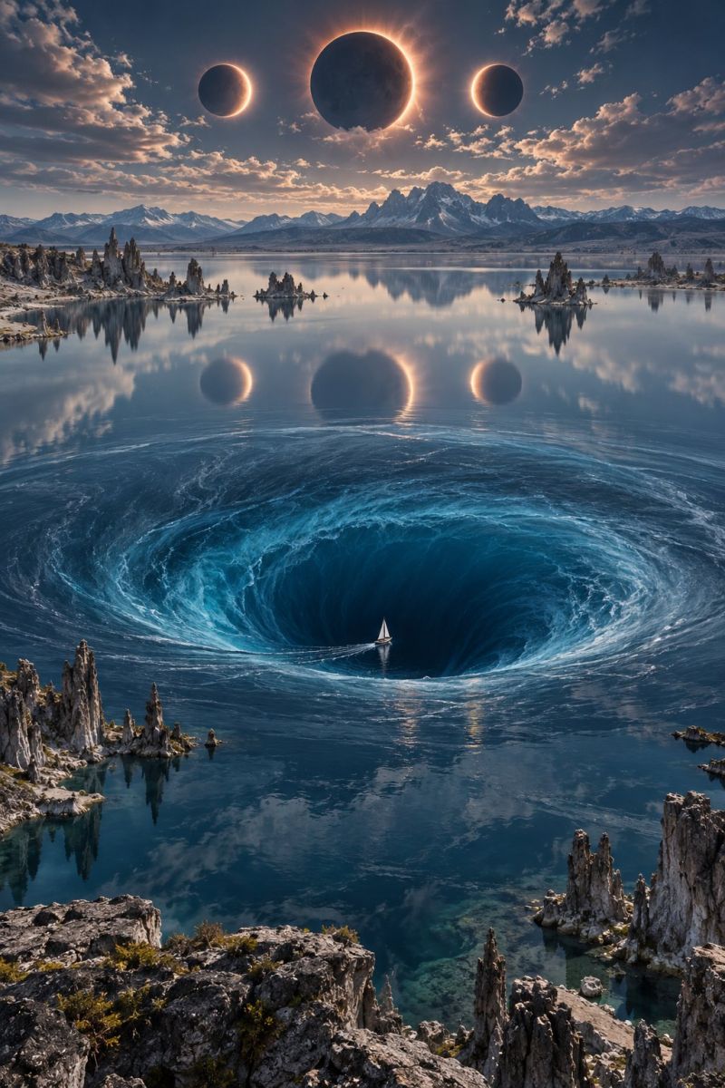Ocean water boat sky sun cloud mountain rock reflection sea sunlight sunrise sunset eclipse astronomy nature space universe celestial surreal landscape with a large body of water, possibly a lake or ocean, at its center. In the foreground, there is a small sailboat navigating through a large whirlpool. The water is a deep blue color, and the whirlpool creates a dramatic, swirling effect. Surrounding the water are jagged, rocky formations that rise from the water's edge, resembling natural pillars or spires. The sky above is a mix of blue and orange hues, suggesting either a sunset or sunrise. In the sky, three celestial bodies are visible: two are full moons, and one is a partial eclipse of the sun. The mountains in the background are covered with snow, adding to the serene and otherworldly atmosphere of the scene.