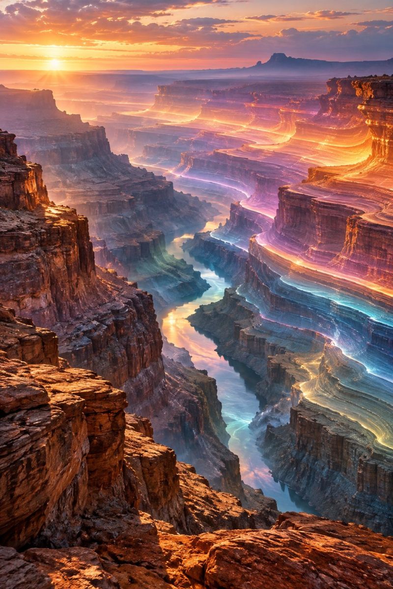 Canyon nature outdoors sunset sunrise cliff mountain water river sky clouds colorful travel adventure scenery grand rock formation aerial The image captures a breathtaking aerial view of the Grand Canyon at sunset. The canyon walls are a stunning array of colors, transitioning from deep purples and pinks at the top to warm oranges and yellows as they descend. The Colorado River winds its way through the canyon, reflecting the vibrant colors of the sky and the canyon walls. The sky above is a mix of soft pinks, oranges, and purples, with the sun setting on the horizon, casting a golden glow over the landscape. The canyon's rugged terrain is visible, with steep cliffs and rocky outcrops. The overall scene is a mesmerizing display of natural beauty and color.