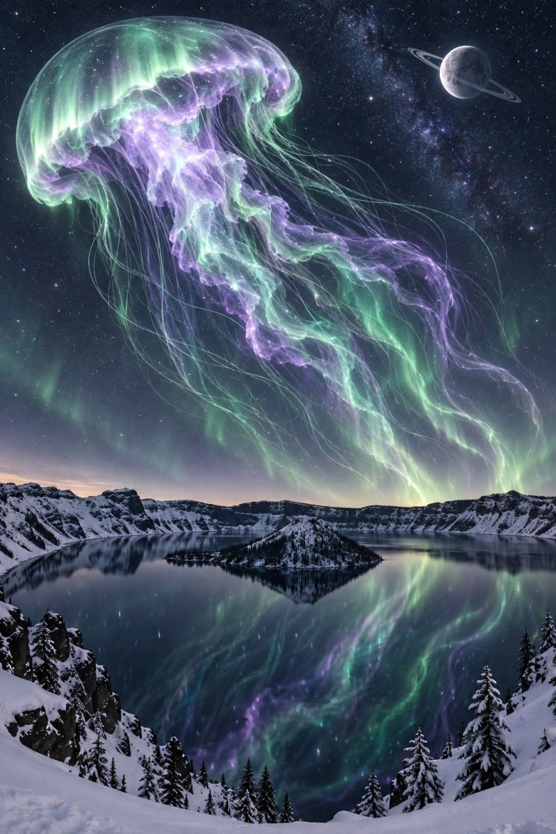 Jellyfish aurora lake mountains snow trees night sky stars planet reflection water ice winter nature fantasy A large, vibrant jellyfish floats gracefully in the night sky, its translucent body glowing with shades of purple and green. The jellyfish's tentacles sway gently, illuminated by the ethereal light of the aurora borealis, which dances across the sky in waves of green and purple. Below, a serene lake reflects the sky's colors, with snow-covered mountains and pine trees framing the scene. In the distance, a planet with rings and stars adds to the mystical atmosphere.