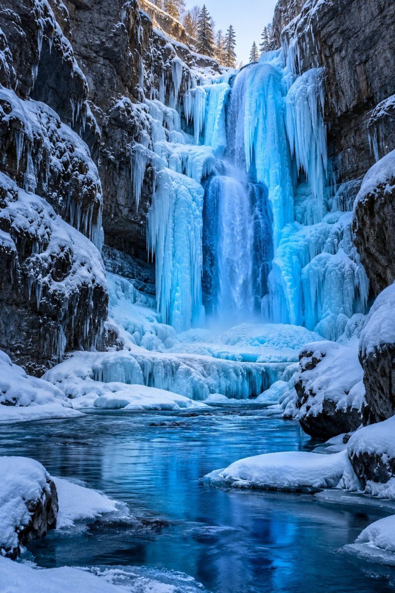 Cascade gelee bleu cobalt image photographie magnifique prise précise montrant les méfaits sauvage des activités humaines sur la biodiversité sur la cascade gelee bleu cobalt