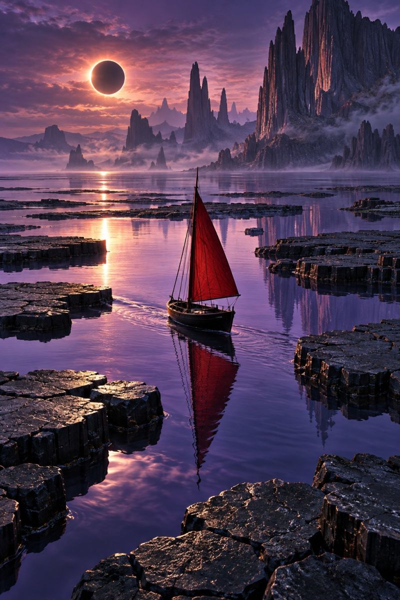 Bateau eau voile rocher ciel mer montagne reflet ocean coucher soleil nuage marin formation rivage falaise plage ile affleurement Un voilier à voile rouge navigue sur un plan d'eau calme teinté de violet. L'eau reflète le ciel, qui est un mélange de teintes violettes et oranges, et la silhouette du voilier. À l'arrière-plan, des formations rocheuses déchiquetées et la silhouette d'une chaîne de montagnes. Le soleil se couche, projetant une lueur chaude sur la scène, et il y a la silhouette d'un gros objet circulaire, peut-être une planète ou une lune, dans le ciel.