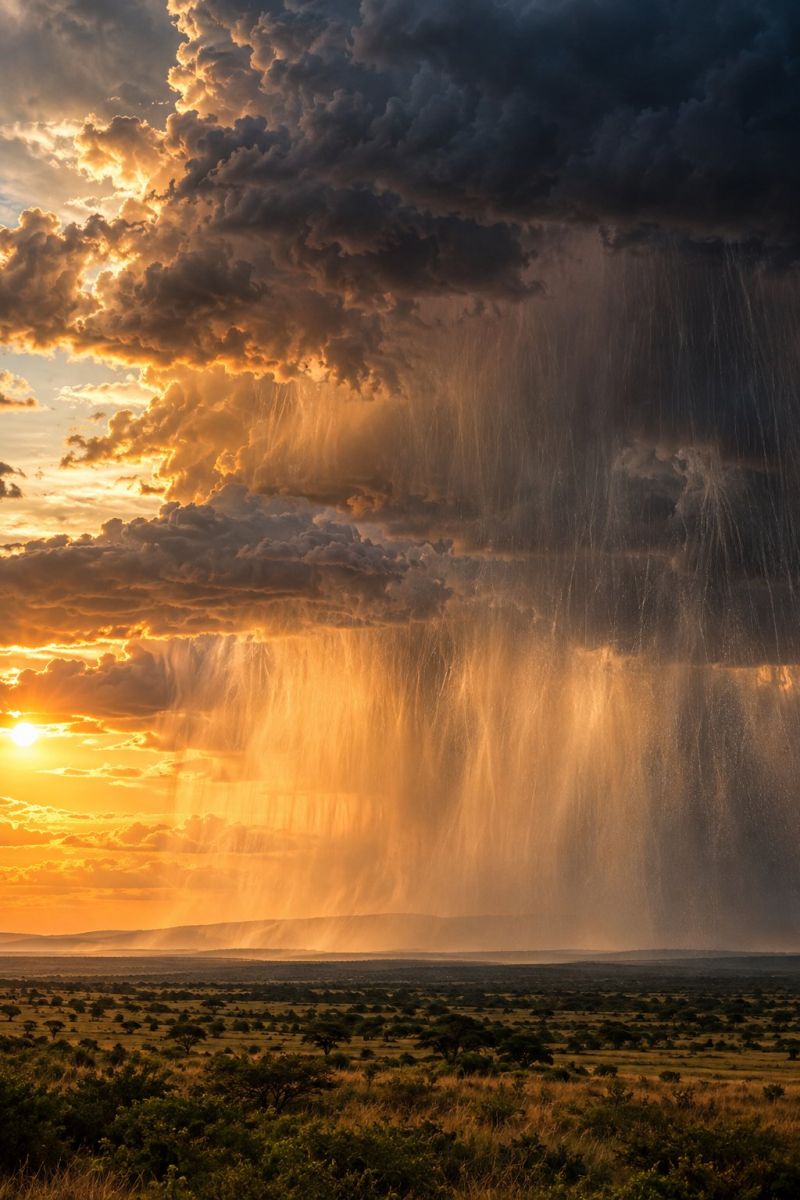Sky cloud rain water sun weather nature storm cloudy sunlight outdoors atmosphere droplet rainy shower wet A dramatic sunset scene with a large, dark cloud mass pouring rain onto a vast, open landscape. The sky is a mix of deep oranges and yellows from the setting sun, contrasting with the dark, heavy clouds. The rain falls in a heavy downpour, creating a shimmering effect as it hits the ground. Below, the landscape is a mix of dry, golden grasses and sparse, green vegetation, with distant hills visible on the horizon. The overall mood is one of intense natural beauty and power.