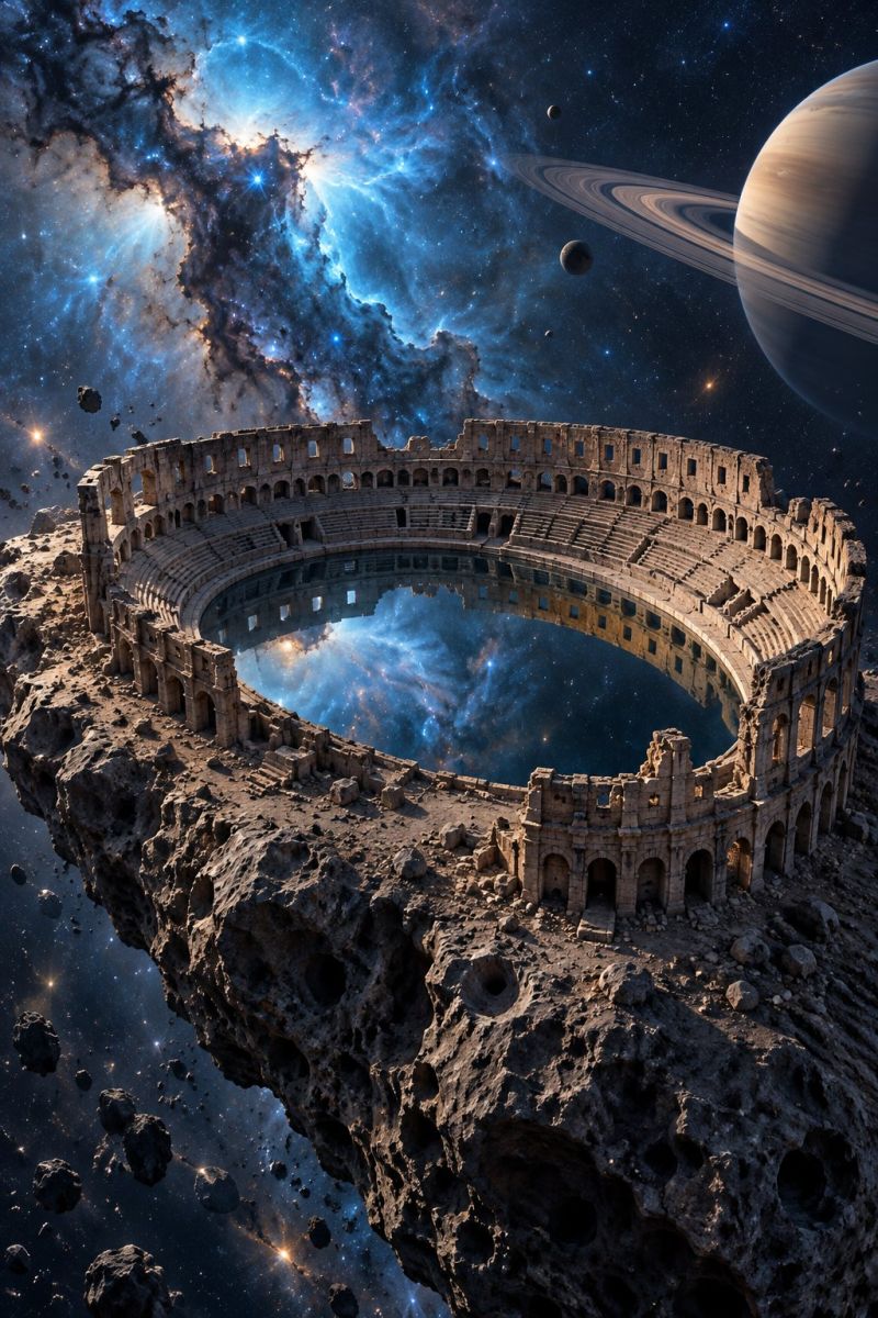 Arena architecture astronomy building celestial city classical cosmos design drawing drawings An ancient amphitheater, reminiscent of the Colosseum, is floating in space. The structure is made of stone and has a large, circular arena in the center, reflecting the vastness of space around it. The arena is filled with a deep blue hue, possibly representing a body of water or the sky. The amphitheater is surrounded by rocky terrain, with scattered rocks and craters. In the background, there are celestial bodies, including a large planet with rings, a smaller planet, and a few stars. The sky is filled with a mix of blue and dark hues, creating a surreal and otherworldly atmosphere.