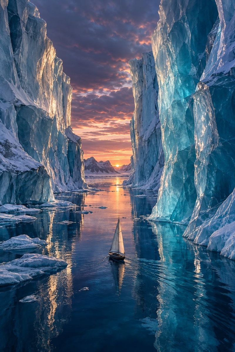 Iceberg bateau eau glace ocean coucher soleil ciel reflet glacier mer icebergs Un voilier navigue au milieu d'une vaste mer glacée, entouré d'imposants icebergs. Les icebergs sont massifs, dotés de structures cristallines complexes reflétant les teintes douces et chaudes du soleil couchant. Le ciel au-dessus est un mélange de violets foncés et d'oranges douces, indiquant la fin de la journée. L'eau est calme, avec de légères ondulations reflétant les couleurs du ciel et des icebergs. La scène est sereine et majestueuse, mettant en valeur la beauté de la nature dans sa forme la plus pure.