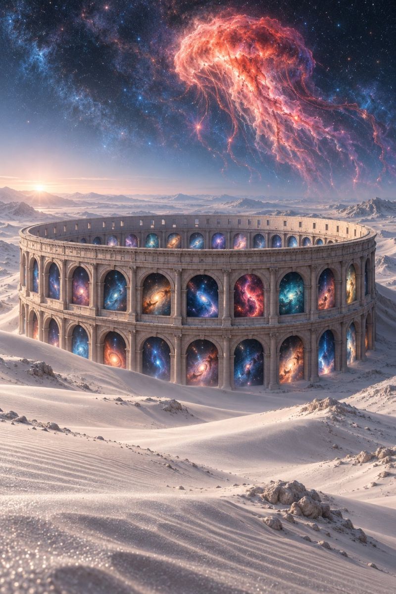 Arena architecture astronomy building city classical desert fantasy fictional galaxy imaginary ruins structure temple theater town village In the center of a vast desert, a grand amphitheater stands with a circular design. Its walls are adorned with arched windows, each displaying a different cosmic scene. These windows show nebulae, galaxies, and star clusters in vibrant colors of red, blue, and purple. Above the amphitheater, the sky is a deep blue, dotted with stars, and a large nebula floats, swirling with fiery reds and blues. The sun is setting on the horizon, casting a warm glow over the scene.