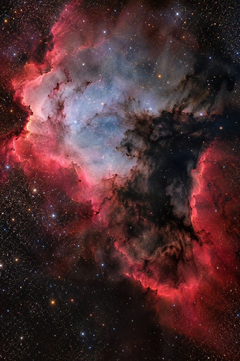 Nebula space astronomy universe star galaxy cosmos celestial astrophotography cosmic astronomical stargazing night sky outer cluster starry deep The image showcases a nebula, primarily in shades of red, pink, and blue, with a central area of deep blue and white. The nebula has a wavy, irregular shape with wispy tendrils extending outwards. The background is dark, dotted with numerous stars of varying sizes and brightness. The nebula's colors are vibrant, with the red and pink hues dominating the foreground, while the blue and white tones are more prominent in the center. The overall composition is dynamic, with a sense of movement and depth.